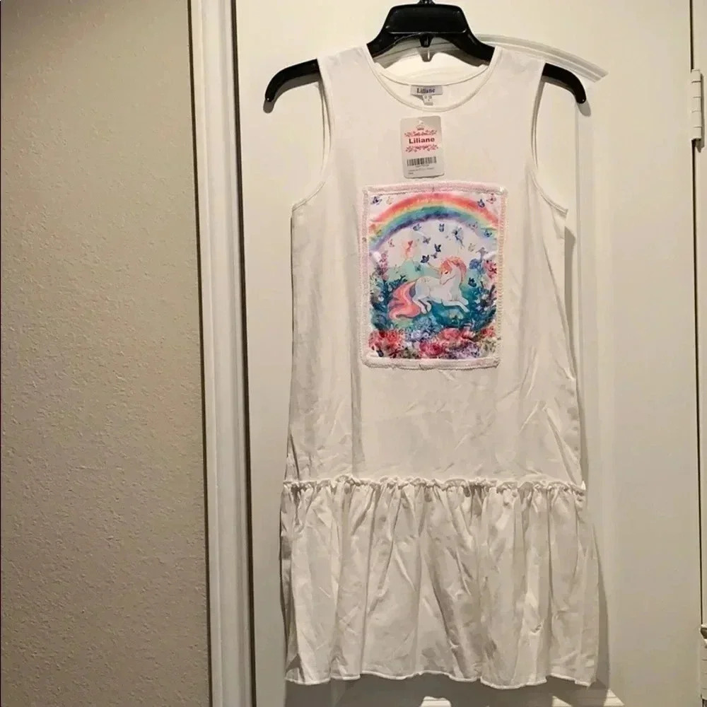 Girls White Unicorn Rainbow Sleeveless Dress